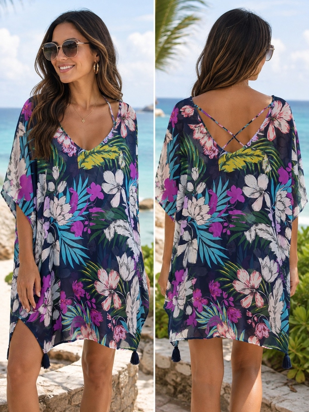 Kona Sol Navy Tropical Floral Swim Cover-Up with Tassel Hem